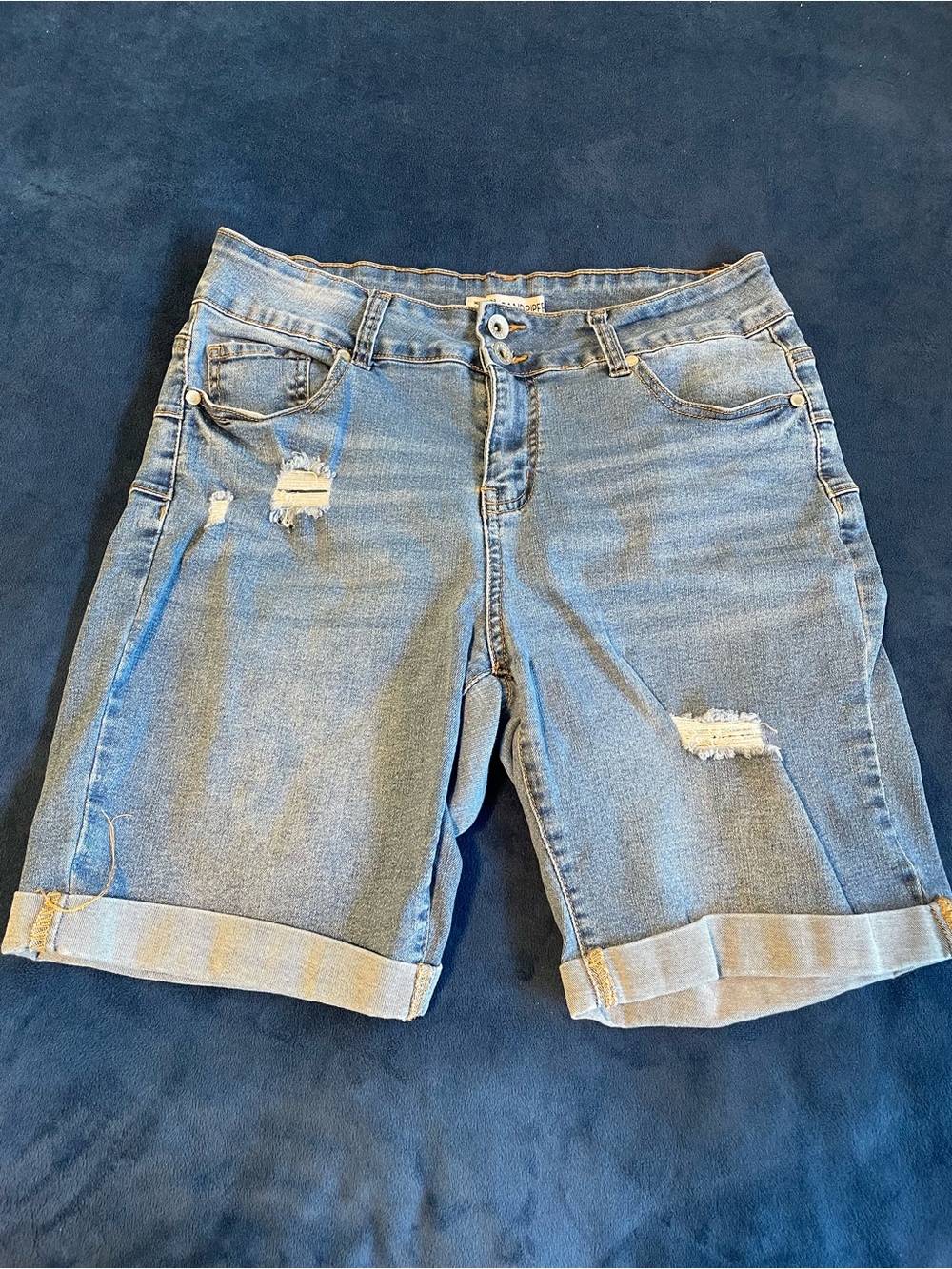 Women's Mid-Blue Distressed Cuffed Denim Shorts
